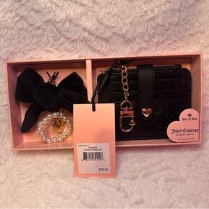 Juicy Couture Liquorice Tab Wallet Dangle Set With Bow & Bracelet Key Chain New